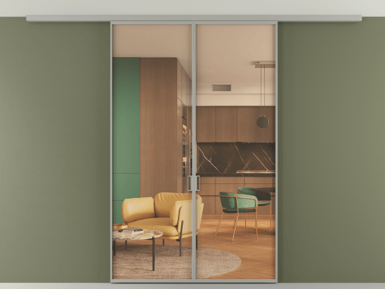 Алюминевая перегородка АЛПР 040.01_АНСР_ПРОЗ ОРАНЖ_new. Цвет Алюминий нейтральный серый. Материал Алюминий в эмали. Коллекция Перегородка Формато вдоль стены на потолок 2 створки. Картинка.