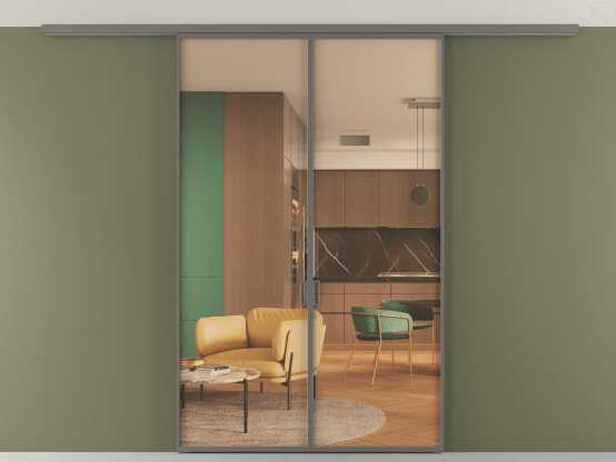 Алюминевая перегородка АЛПР 040.01_АКЛС_ПРОЗ ОРАНЖ_new. Цвет Алюминий классический серый. Материал Алюминий в эмали. Коллекция Перегородка Формато вдоль стены на потолок 2 створки. Картинка.