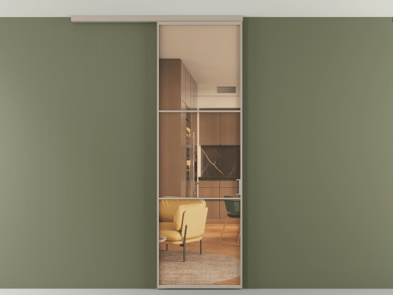 Алюминевая перегородка АЛПР 040.03_АБСК_ПРОЗ ОРАНЖ_new. Цвет Алюминий бисквитный. Материал Алюминий в эмали. Коллекция Перегородка Формато вдоль стены на потолок 1 створка. Картинка.