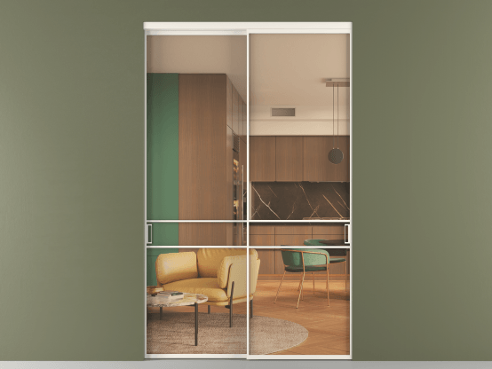 Алюминевая перегородка vn2_02_ Алюминий пудровый белый Прозрачное оранжевое стекло, триплекс, 6мм. Цвет Алюминий пудровый белый. Материал Алюминий в эмали. Коллекция Перегородка Формато внутри проёма 2 створки. Картинка.